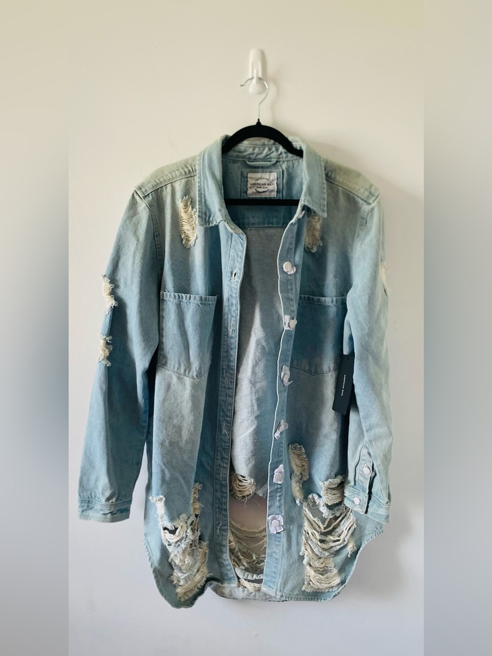 American Bazi Light Blue Distressed Denim Jacket Size 2X NWT Thrashed Grunge